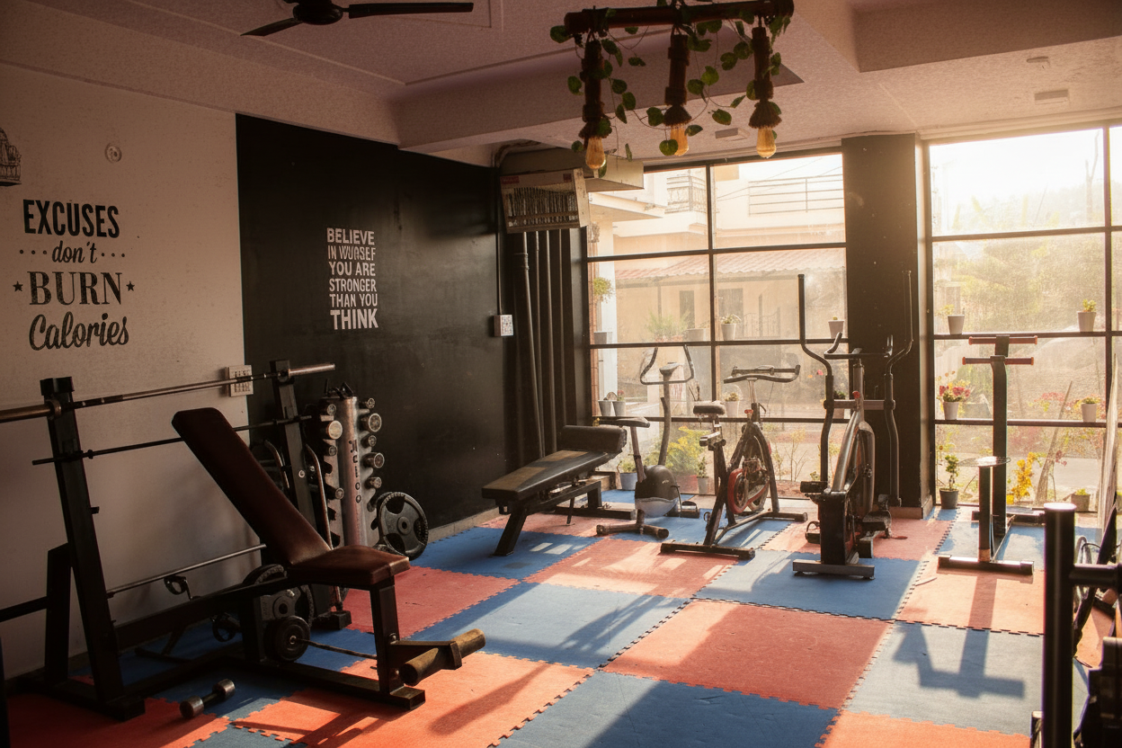 Gym area inside Scholar's Park student accommodation near UPES
