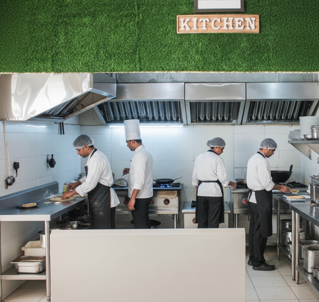 Scholar's Park hostel kitchen with staff preparing meals