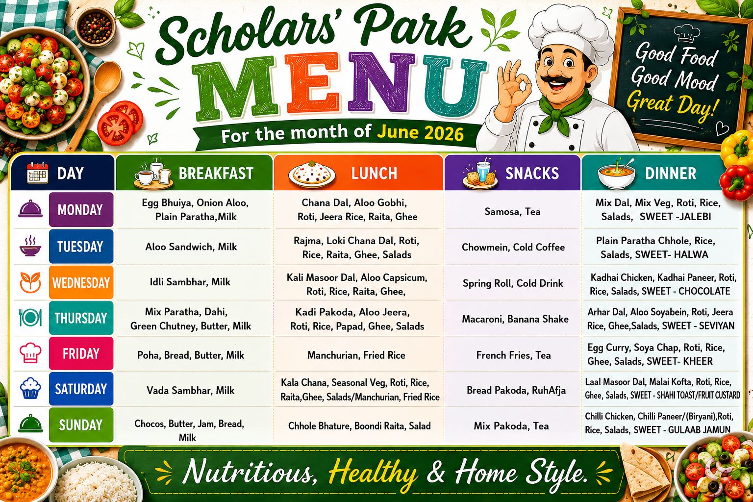 Sample weekly menu for Scholar's Park student accommodation