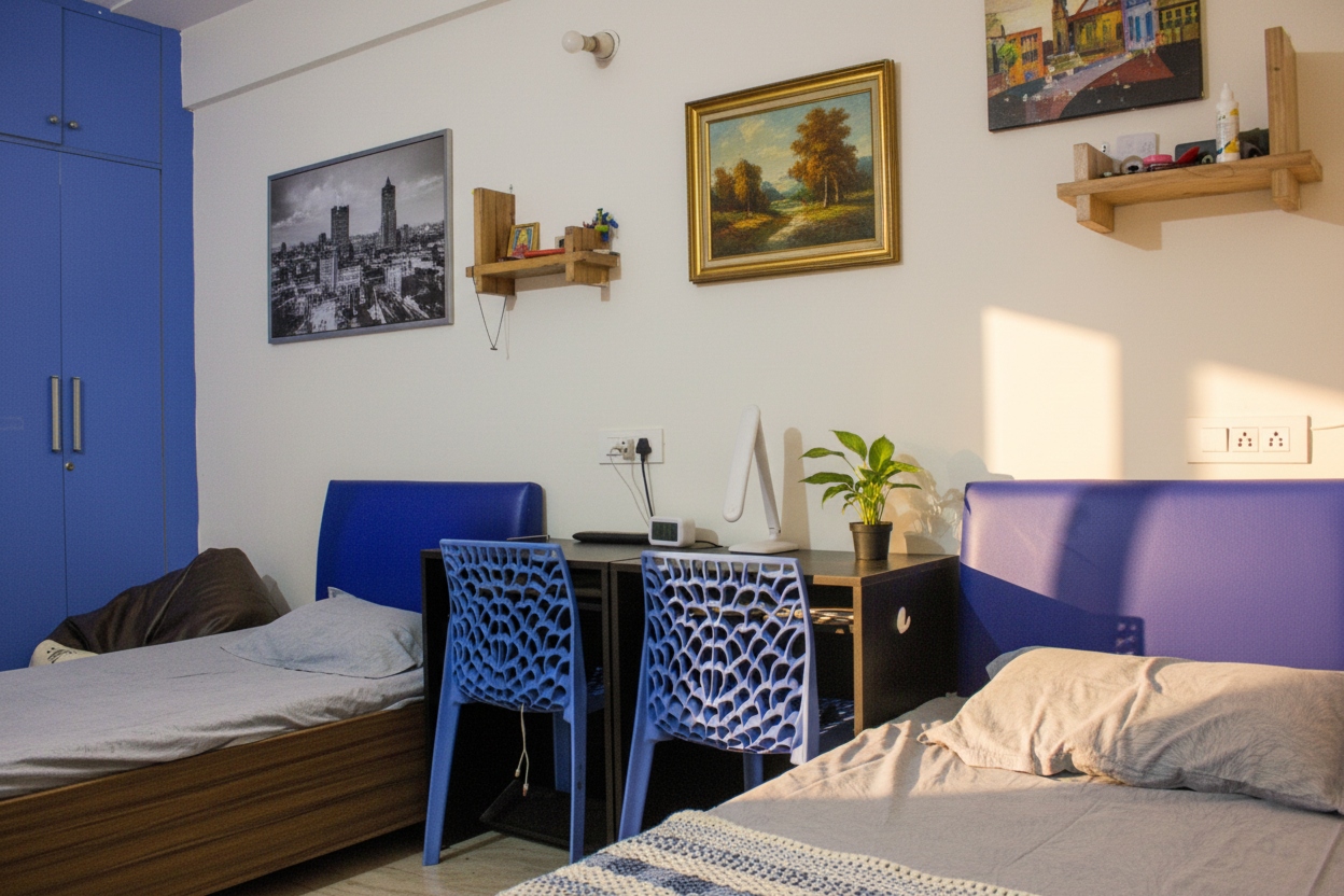 Double room with twin beds and study desk at Scholar's Park near UPES